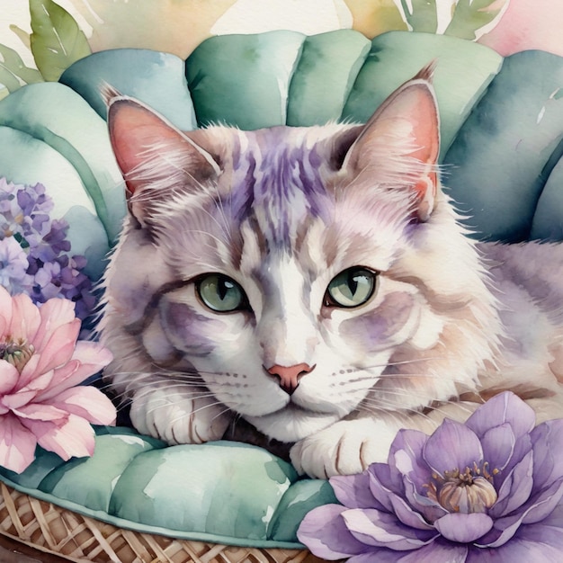 Schöne Katze sitzt in einem Korb mit Blumen Aquarell-Illustration