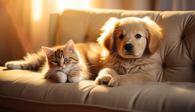 Schöne Katze und Hund spielen auf einer Couch