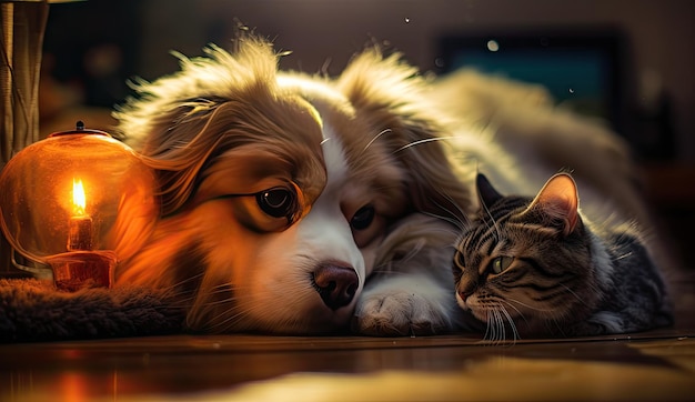 Schöne Katze und Hund spielen auf einer Couch