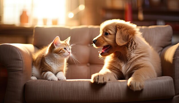 Schöne Katze und Hund spielen auf einer Couch