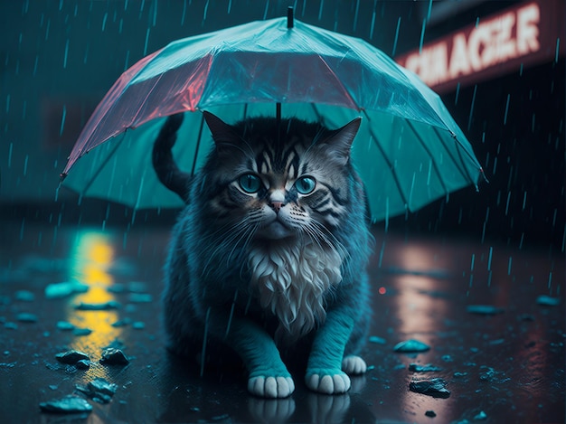 Schöne Katze unter einem Regenschirm im Regen im Freien von KI generiert