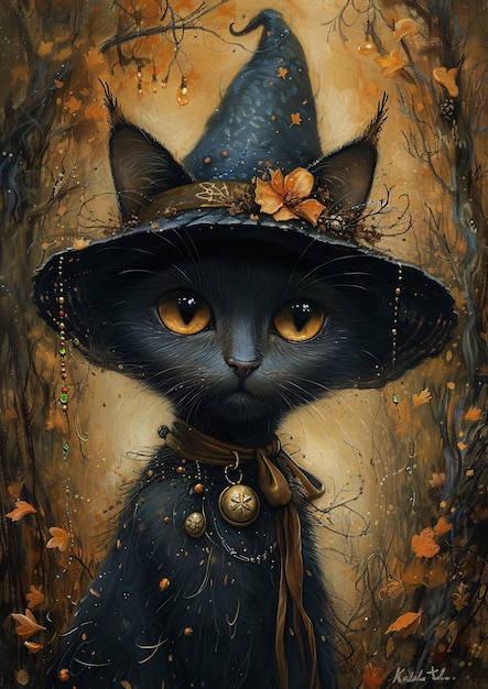 Schöne Katze, verkleidet als Zauberer und Zauberer mit Hut und vielen Details