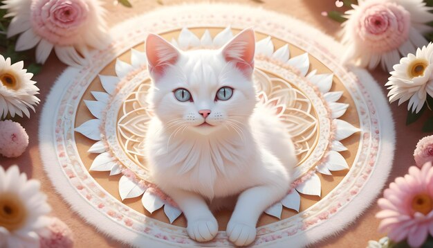 Foto schöne katze vor einem bunten mandala-hintergrund