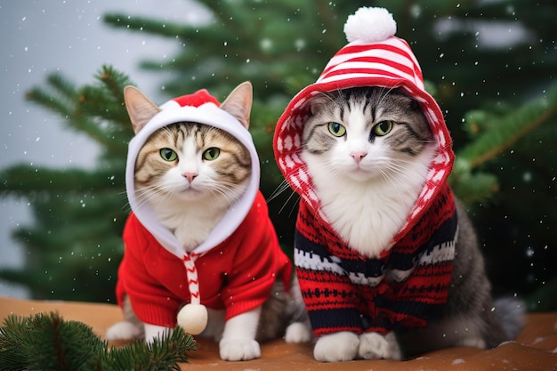 Schöne Katzen in Weihnachtsanzügen sitzen in der Nähe des Weihnachtenbaums Lichter Urlaubsgeist Generative KI