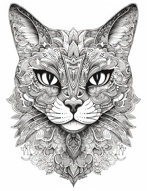 Foto schöne katzenillustration für malbuch, komplizierte tintenlinien in schwarz und weiß. generative ai