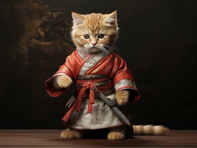 Schöne Katzenkätzchen in Ninja- und Samurai-Kleidung