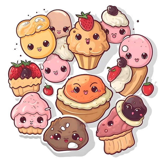 Schöne Kawaii-Cupcakes mit verschiedenen Gesichtern und Emotionen