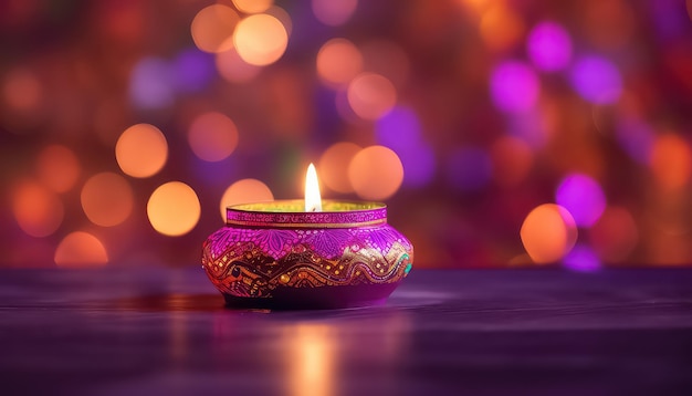 Schöne Kerze auf einem farbigen Hintergrund während Diwali in Indien