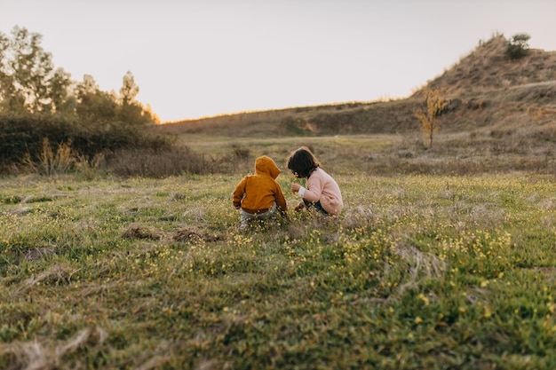 Schöne Kinder spielen auf dem Feld.