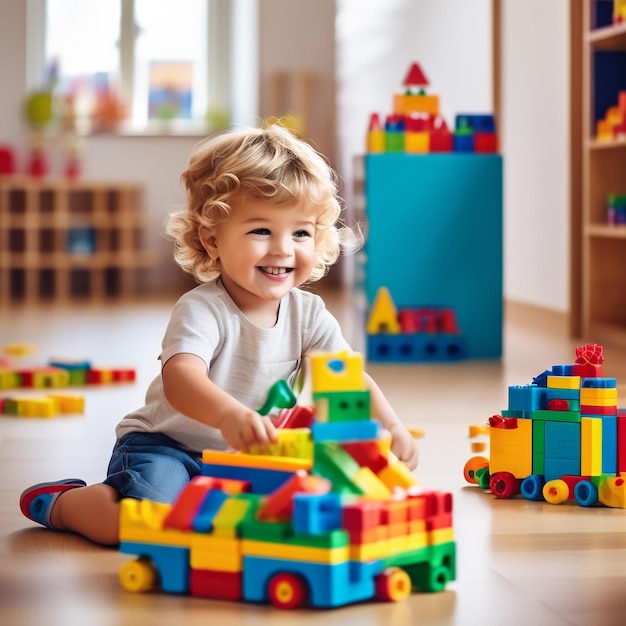 Foto schöne kinder und kleinkinder spielen mit lego-bausteinen und farben