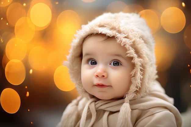 Foto schöne kleine baby mit verschwommenem hintergrund nahaufnahme porträt von süßem kleinen mädchen in winterkleidung im freien ai generiert