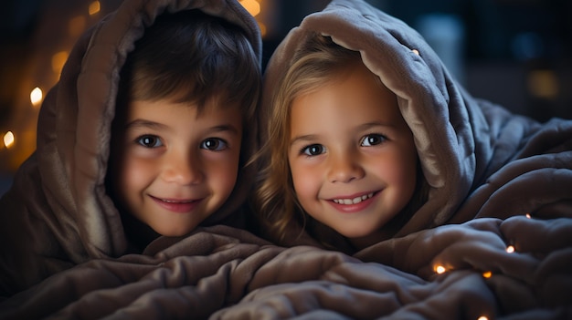 Schöne kleine Bruder und Schwester spielen mit einer Kerze in einem dunklen Wald, glückliche Kinder in einer Herbstnacht.