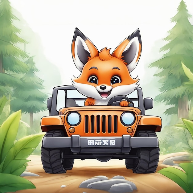 schöne kleine Cartoon-Fuchs, die ein Safari-Auto fährt