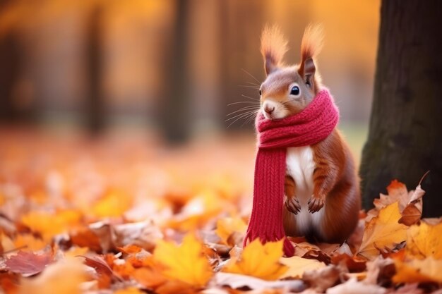 Schöne kleine Eichhörnchen mit Schal im Hintergrund des Herbstwaldes