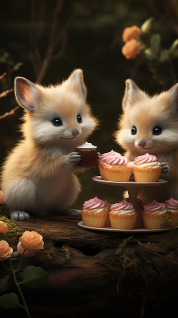 Schöne kleine Fuchs und Kaninchen im Wald mit Cupcakes Vertikale mobile Tapete