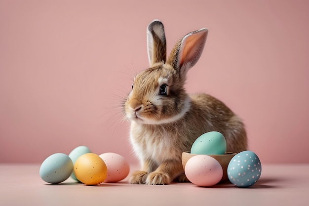 Schöne kleine Hase und Ostereier auf einem rosa Hintergrund mit Kopierraum