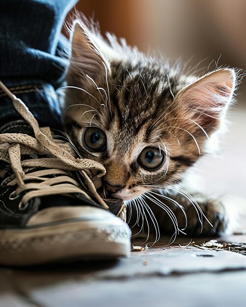 Foto schöne kleine kätzchen spielen mit schuhen flache tiefe des feldes