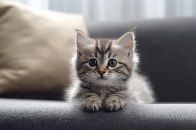 Schöne kleine Katze auf einem grauen Sofa