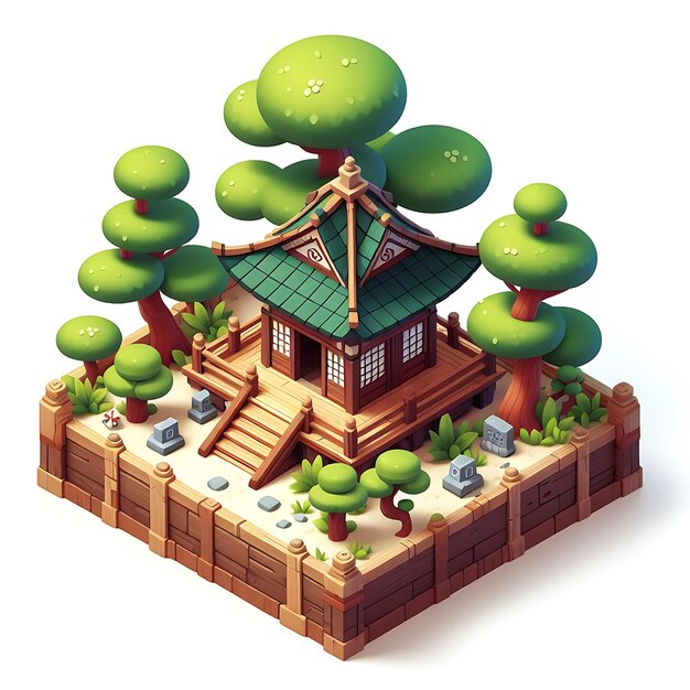 Schöne kleine Wald Zen Holz Tempel 3D-Spiel isometrisch