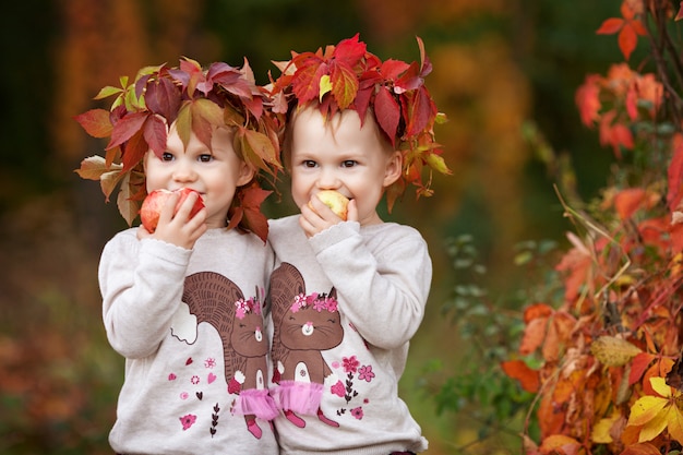 Schöne kleine Zwillingsmädchen, die Äpfel im Herbstgarten halten.