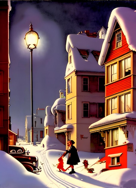 Schöne Kleinstadt, Häuser und Gebäude, Winter, Schneefall in der Ferne, Weihnachtsstimmung