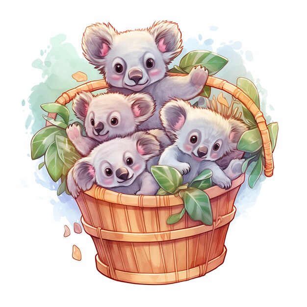 Foto schöne koalas in einem korb in pastellfarben