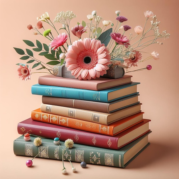 Schöne Komposition aus verschiedenen bunten Büchern mit Blumen