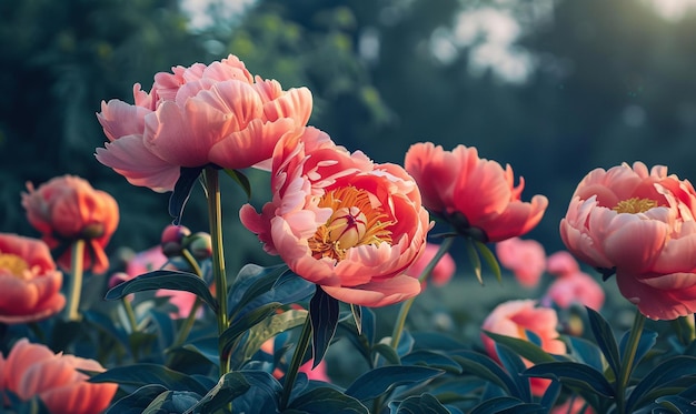 Schöne Korallen Charme Pfingstblumen blühen im Garten Natürlicher Sommerblumen-Hintergrund