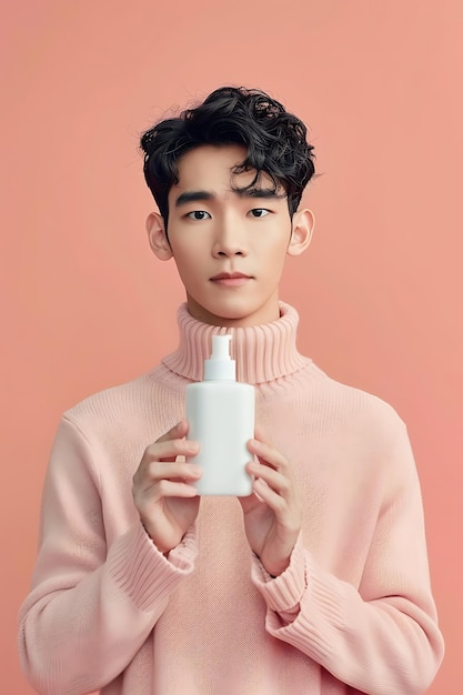 Schöne koreanische Männer tragen modische Kleidung und halten eine leere weiße Flasche Hautpflege-AI-Bild