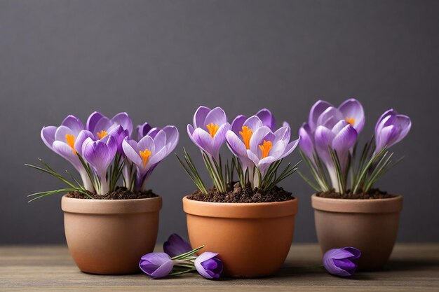 Schöne Krokusblumen in Töpfen auf einem Holztisch vor grauem Hintergrund