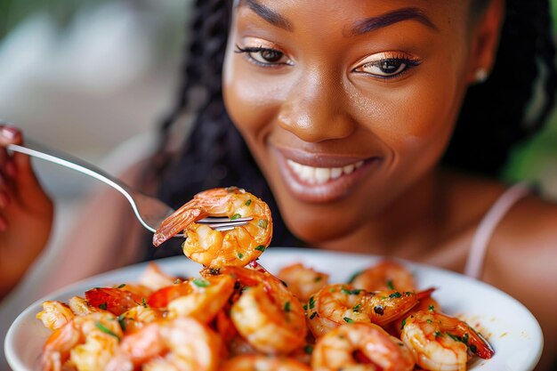 Schöne Küche Schwarze Frau lächelt und isst gekochte Garnelen