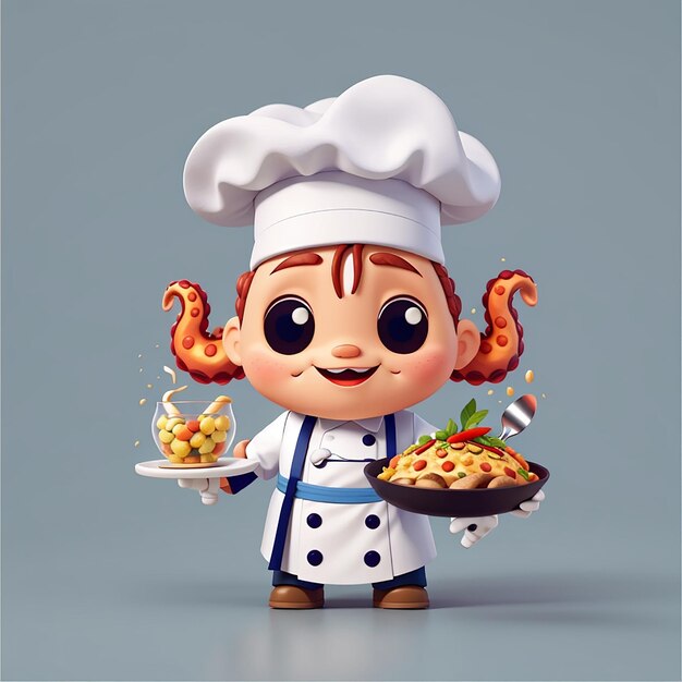 Schöne Küchenchef Oktopus, der Essen serviert Vektor Ikon Illustration Tier Essen Ikon Konzept isoliertes Premium