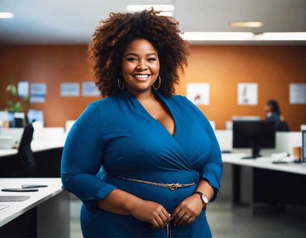 Schöne, lächelnde Afro-Frau, runde Form, in Blau gekleidet in einem Büro