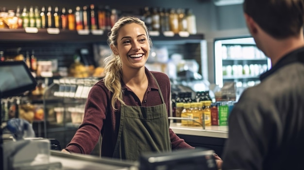 Foto schöne lächelnde frau, die kassiererin im supermarkt ist