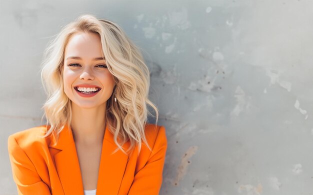 Schöne lächelnde junge Frau in stilvollem orangefarbenem Anzug mit Kopierplatz