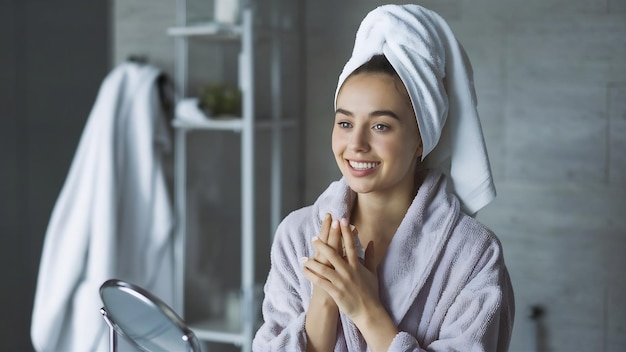 Schöne lächelnde junge Frau mit Badekleidung und Handtuch auf dem Kopf, die sich im Badezimmer in den Spiegel schaut
