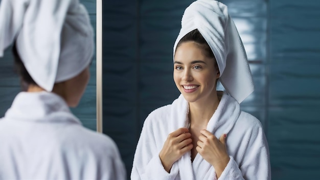 Schöne lächelnde junge Frau mit Badekleidung und Handtuch auf dem Kopf, die sich im Badezimmer in den Spiegel schaut