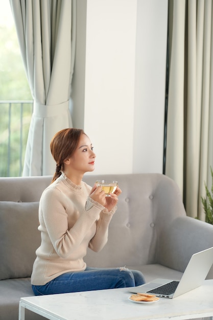 Schöne lächelnde junge Frau mit Laptop und Tasse Tee auf dem Sofa