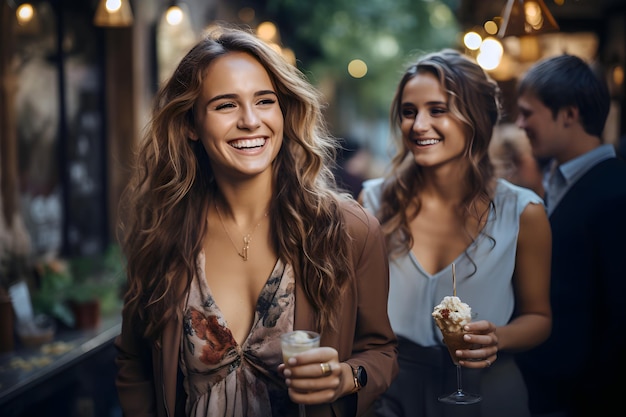 Schöne lächelnde kaukasische Geschäftsfrau hält eine Kaffeetasse und geht mit Freunden auf der Straße