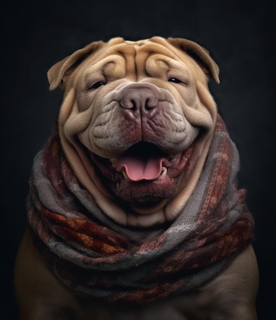 Schöne lächelnde Shar Pei-Hund mit Schal in einem grauen Hintergrund Porträt erstellt durch generative KI-Technologie