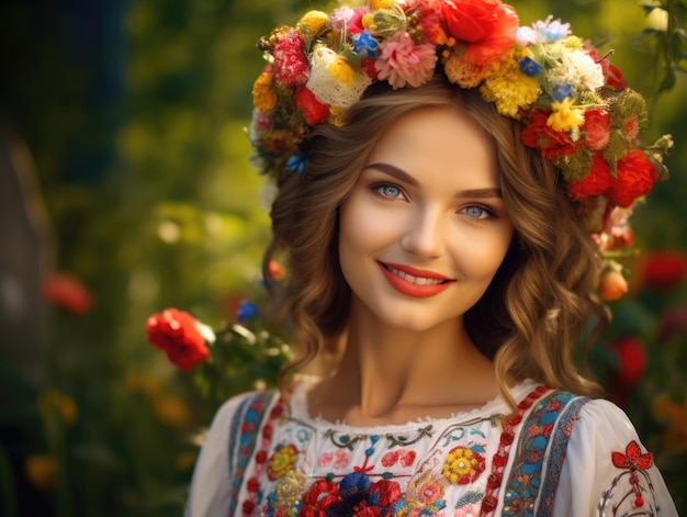 Schöne lächelnde ukrainische Frau in einem eleganten traditionellen ukrainischen Stickereikleid