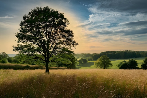 Schöne ländliche Landschaft mit Bäumen, Wiesen und hellem Himmel