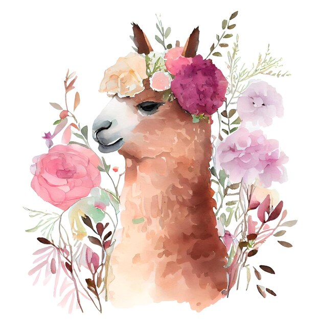 Schöne Lama mit rosa Blumen Aquarell Illustration isoliert auf weiß Generative KI