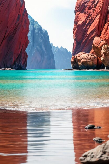 Foto schöne landschaft, berge, meer, strand, blauer himmel, weiße wolken, meereslandschaft, hintergrund