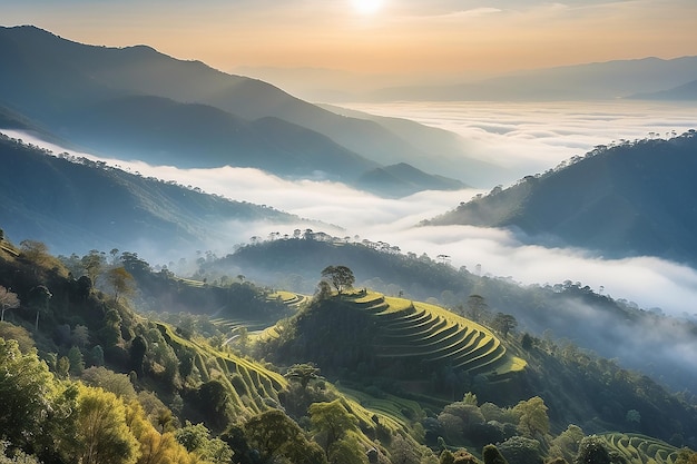 Schöne Landschaft der Bergschicht in Morgensonnenstrahl und Winternebel in Doi Hua Mae Kham Mae Salong Nai Chiangrai Thailand