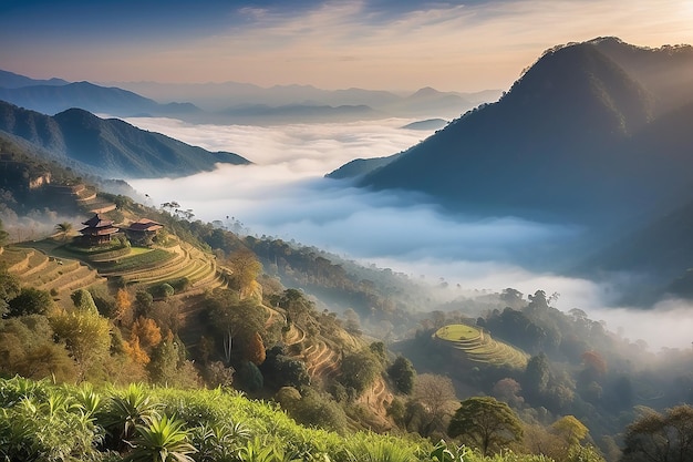 Schöne Landschaft der Bergschicht in Morgensonnenstrahl und Winternebel in Doi Hua Mae Kham Mae Salong Nai Chiangrai Thailand