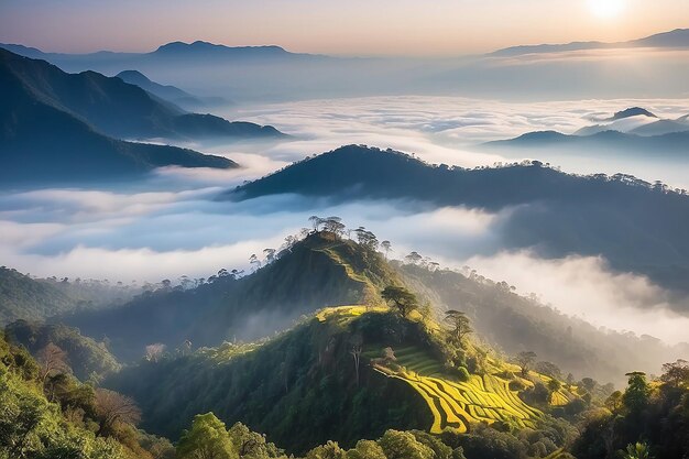 Schöne Landschaft der Bergschicht in Morgensonnenstrahl und Winternebel in Doi Hua Mae Kham Mae Salong Nai Chiangrai Thailand