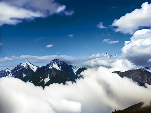 Schöne Landschaft der weißen flauschigen Wolken, die hohe Berge während des Tages bedecken