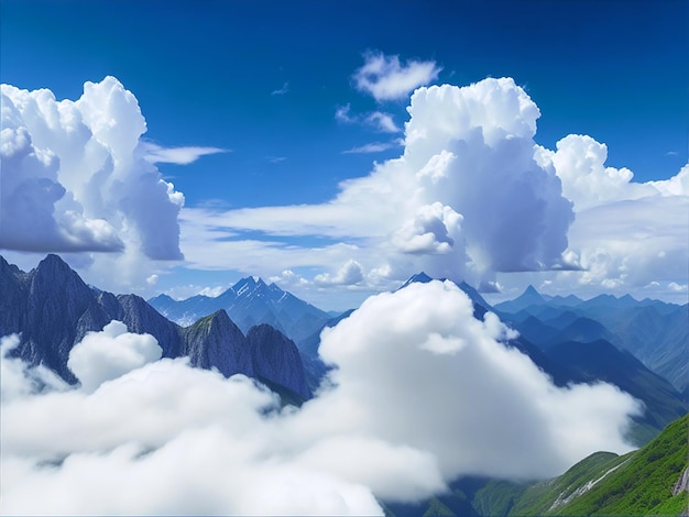 Schöne Landschaft der weißen flauschigen Wolken, die hohe Berge während des Tages bedecken