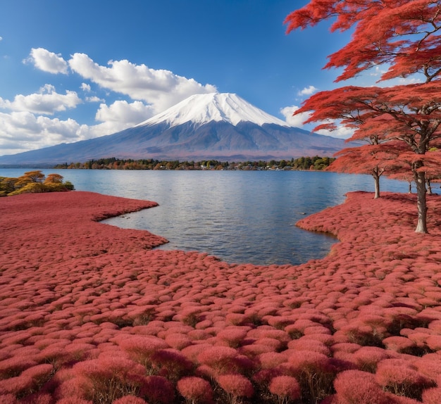 Schöne Landschaft des Fuji-Berges mit roten Blumen um den Yamanashi-See Japan